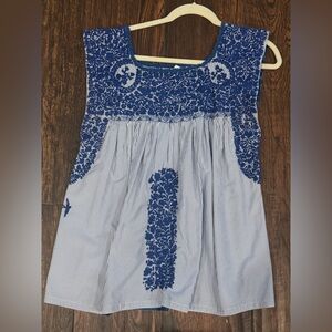 Mi Golondrina Blue and White Embroidered Blouse